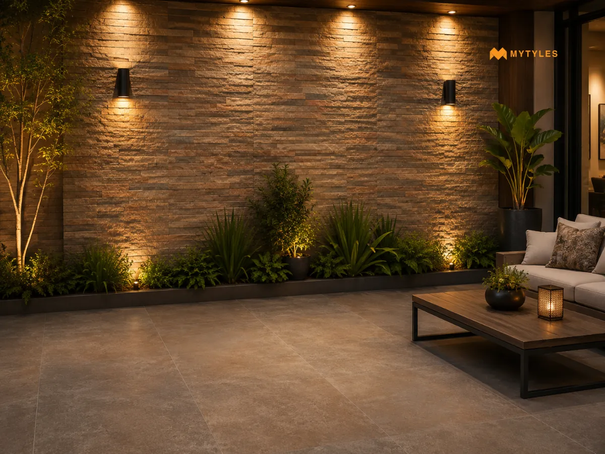 Stone Cladding and Rustic Floor Tiles in Outdoor